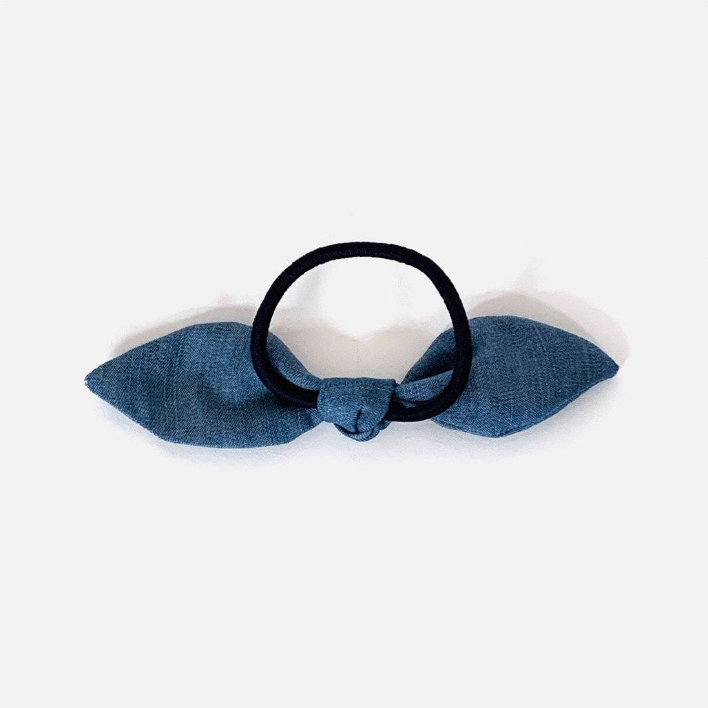 Upcycled Denim Bow Hair Tie on black elasticated band