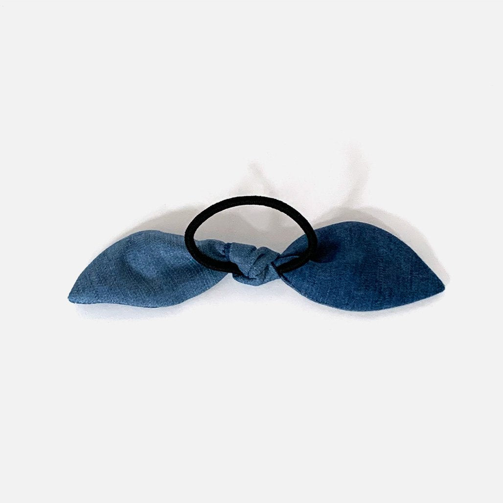 Upcycled Denim Bow Hair Tie on black elasticated band